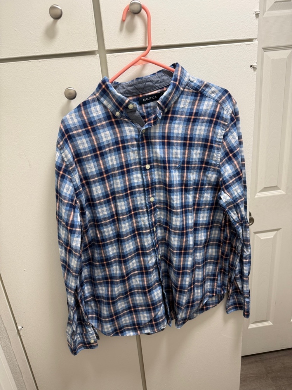 Nautica Blue and White Plaid Button-Down Shirt with Navy Accents